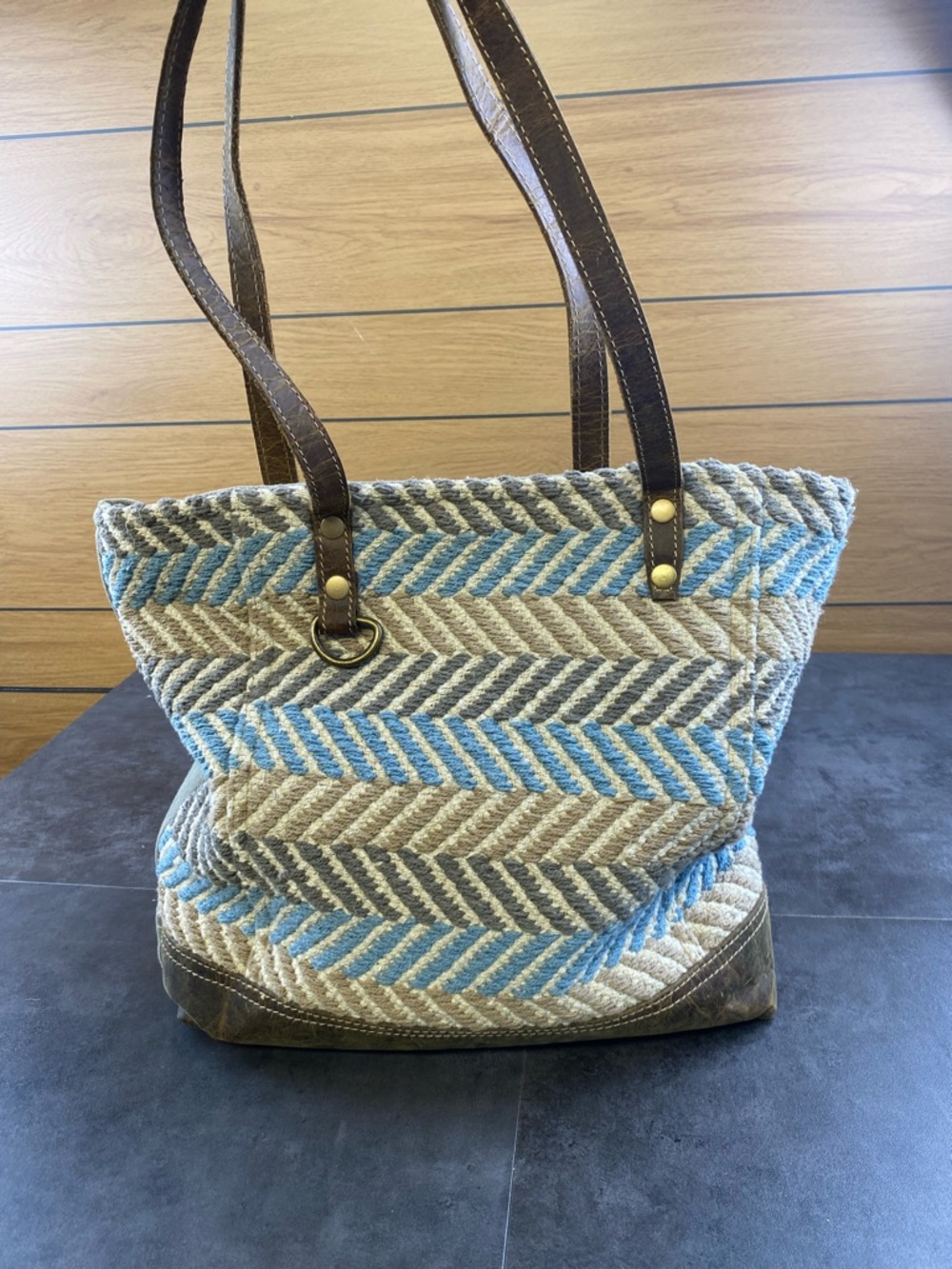 Myra Bag Blissy Chevron Blue, Gray and Tan Woven Shoulder Tote
